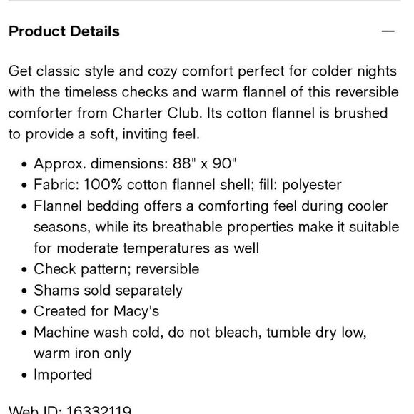 Red Check 100%Cotton Flannel Comforter, Twin ,Charter Club - Picture 6 of 6